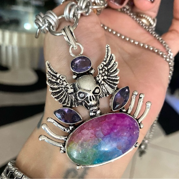 925 sterling silver overlay amethyst & rainbow solar quartz boho skull necklace - Picture 2 of 11